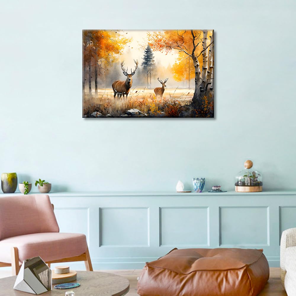 TISHIRON Forest in Autum Wall Art Deer Wall Decor 1 Panel Trees and Wildflowers Wall Pictures for Living Room Home Decor Artwork Stretched with Wooden Frame Ready to Hang (16''Wx 24''H) - Image 3