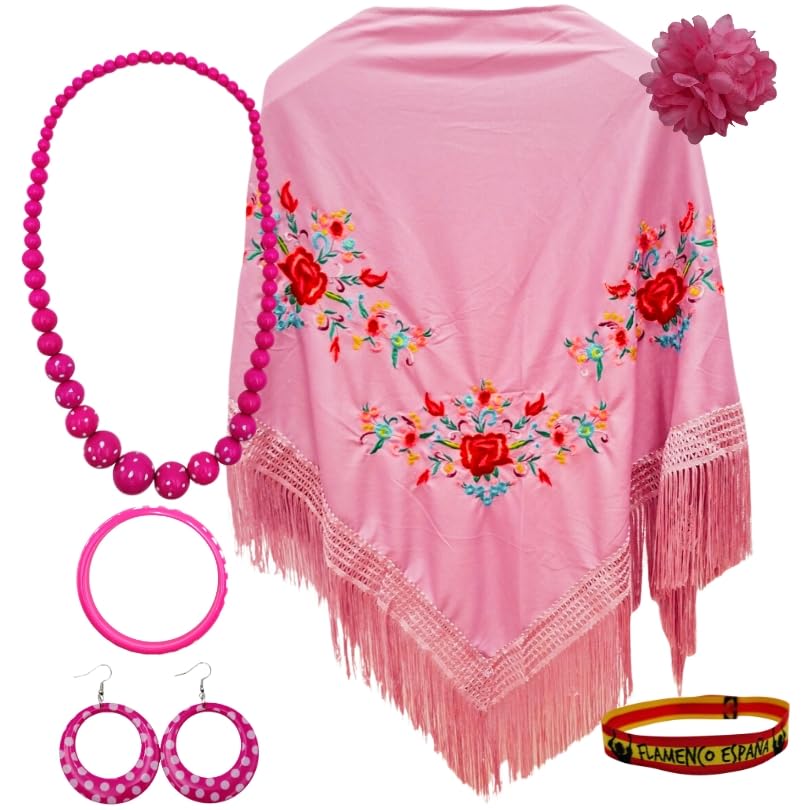 Mantón de Manila con flores y pack de accesorios que no se caen al bailar
