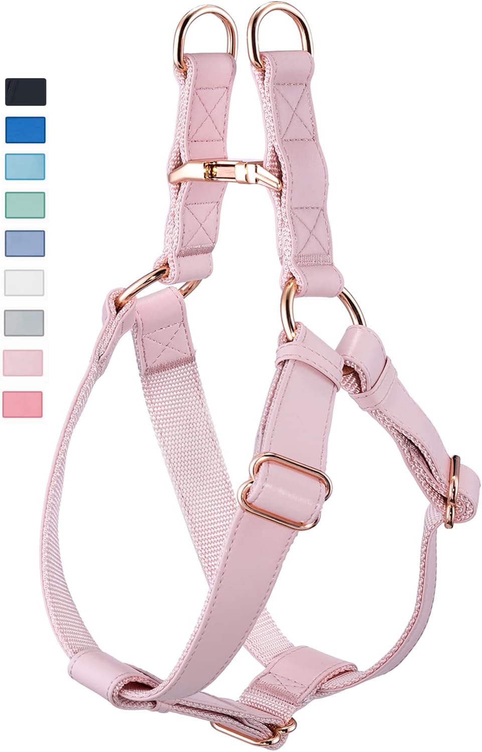 Soft Leather No Pull Dog Harness - Adjustable Step In Harness with Rose Gold Heavy Duty Metal Buckle, Freedom Nylon Dog Halter Vests for Medium Dogs Easy Walking Training (Pink)