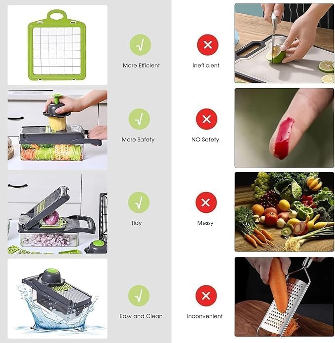 Image of 14 in 1 Vegetable Chopper Mandoline Slicer with 8 Stainless Steel Blades - Multifunctional Onion Cutter, Dicer, Grater, Peeler & Chipser with Drain Basket & Container - Kitchen Gadgets Set