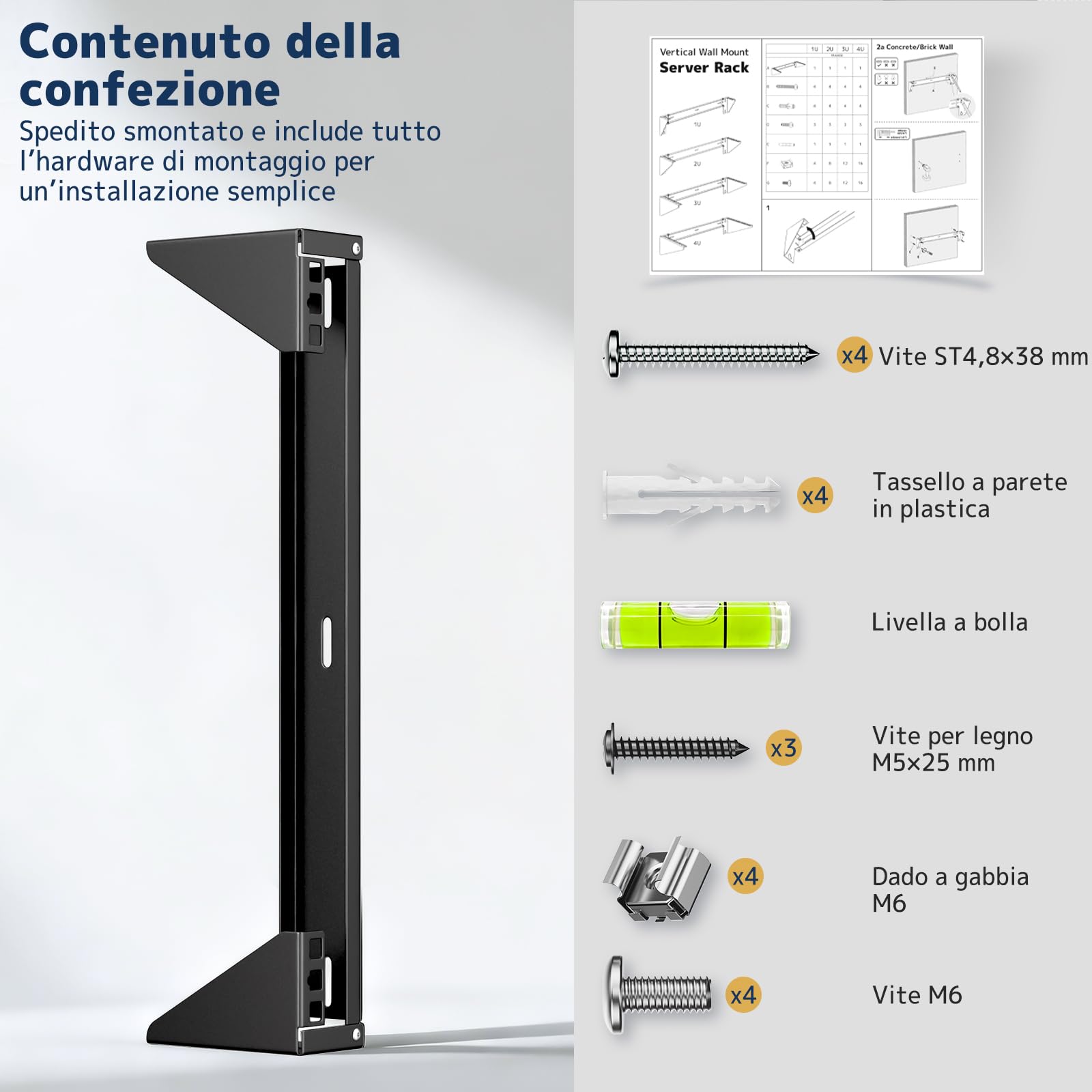 Staffa Rack a Parete 1U da 19 Pollici - Montaggio Verticale e Sotto Scrivania, Supporto in Acciaio per Server, Switch di Rete, Patch Panel o Server, Portata fino a 55 kg, Kit di Montaggio Incluso