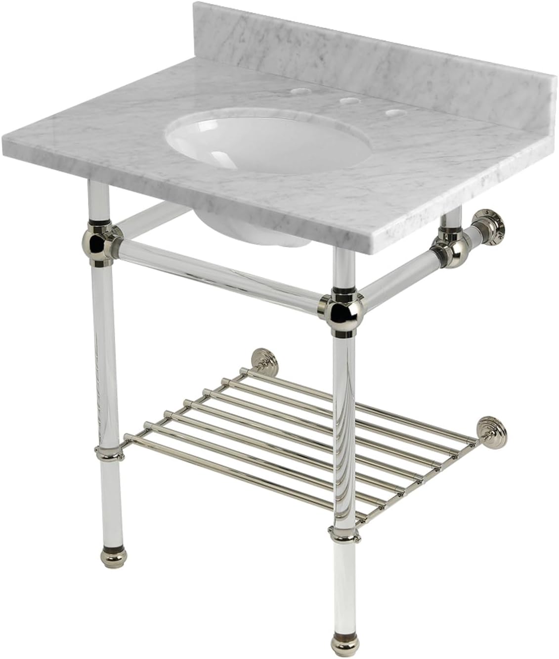 Kingston Brass KVPB30MAB5 Templeton 30" Console Sink with Acrylic Legs (8-Inch, 3 Hole), Carrara Marble/Oil Rubbed Bronze