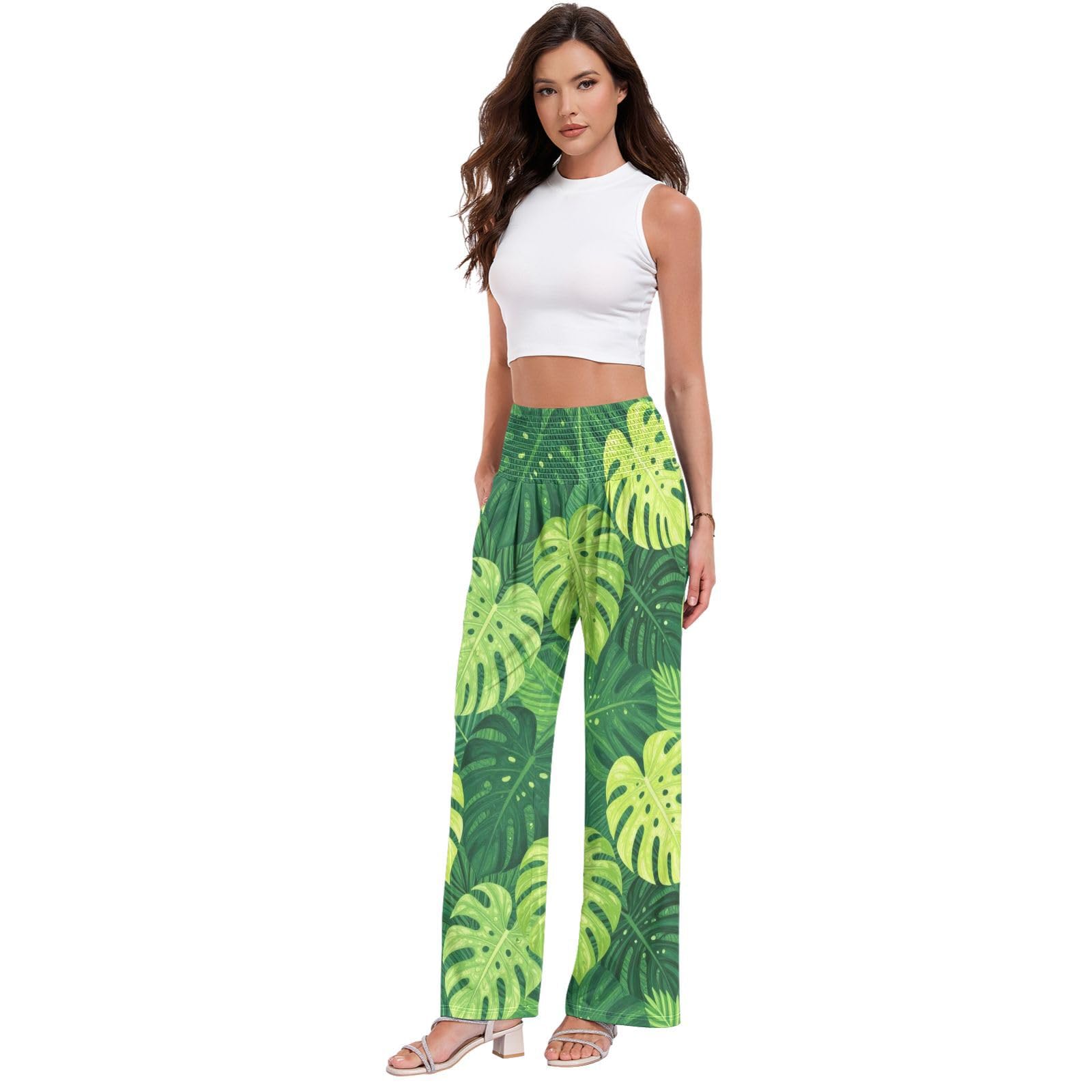 Monstera Tropic - Pantalones palazzos para mujer, resistentes a las arrugas, pantalones casuales de viaje