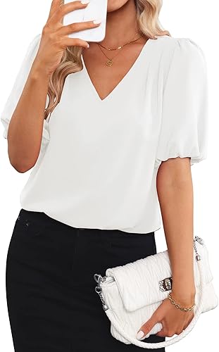 GRAPENT Blusas casuales de negocios para mujer, blusas de trabajo, manga corta abombada, plisadas, cuello en V, blusa de verano de moda