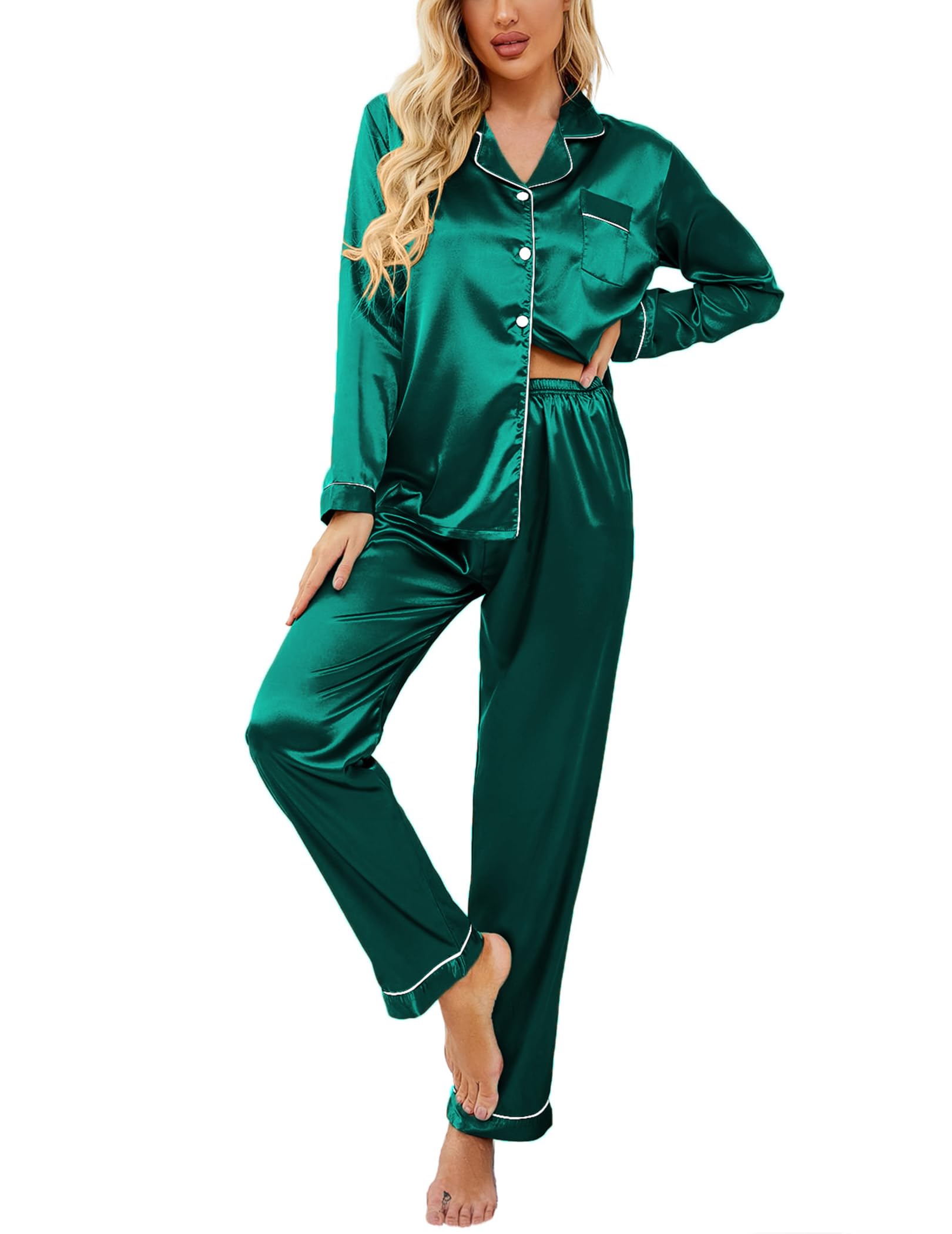 Ekouaer Women's Classic Button Down Long Satin Silk Pajama Set