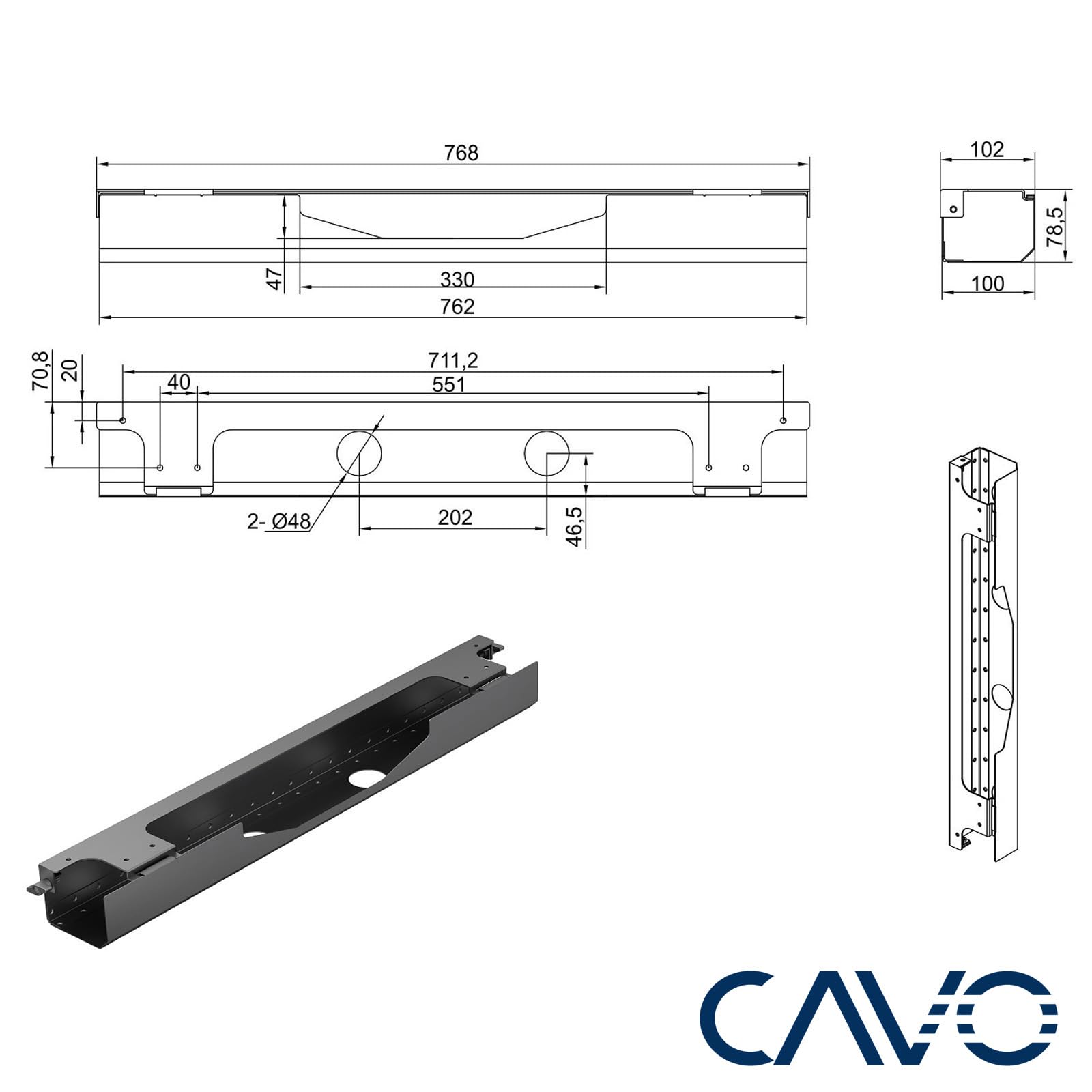 CAVO Kabelführung horizontal schwarz Kabelwanne | 768 x 94 mm für Schreibtische