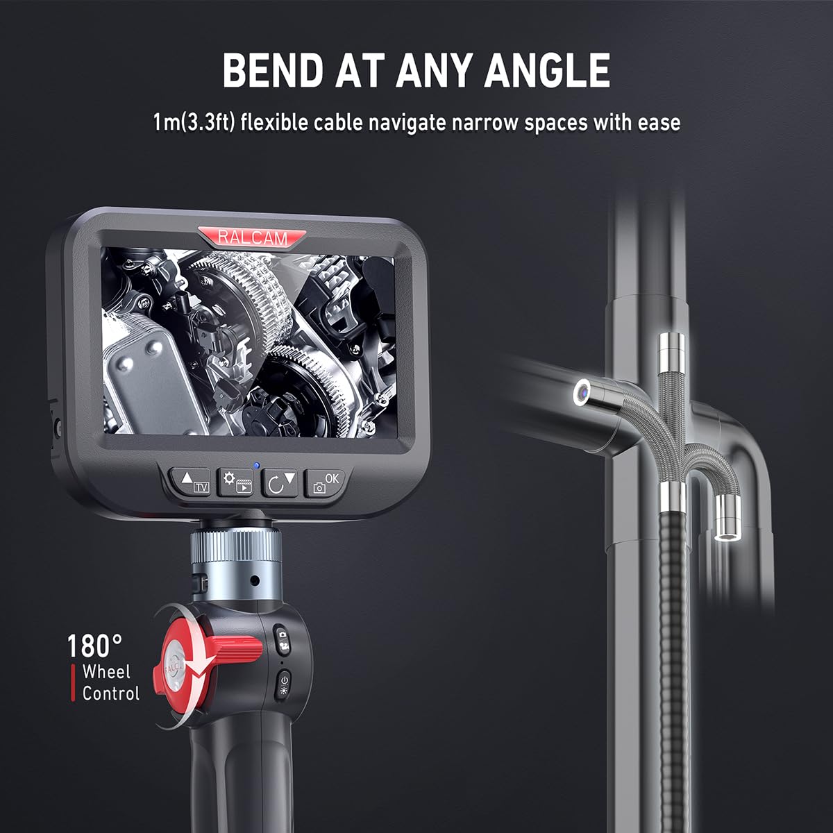 Ralcam Endoskopkamera mit Licht Endoscope Camera - Endoskop 8,5mm Inspektionskamera 4,3" HD 1080P Rohrkamera, Kameras mit 6 LED, IP67 Wasserdicht 1m Flexible Kanalkamera Teleskopkamera Kfz Werkzeug