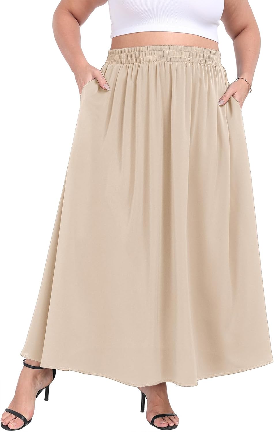 Lastshe Plus Size Maxi Skirt for Women Casual Elastic High Waist Boho Flowy A-line Spring Long Skirts with Pockets - Image 2