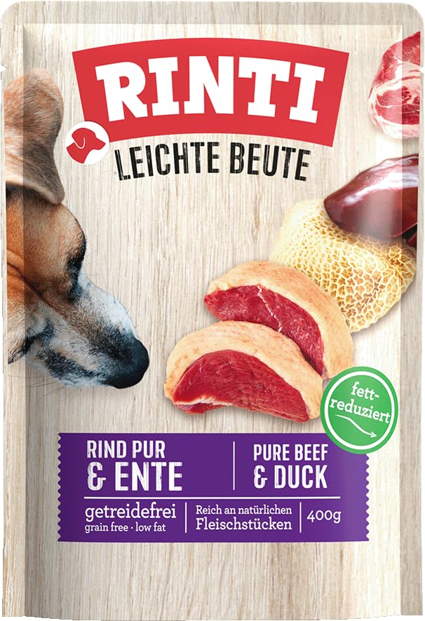 RINTI - Leichte Beute | Fettreduziertes Nassfutter mit natürlichen Fleischstücken für empfindliche, ausgewachsene Hunde. Alleinfutter im Beutel ohne künstliche Zusätze | 10x400g Rind Pur + Ente
