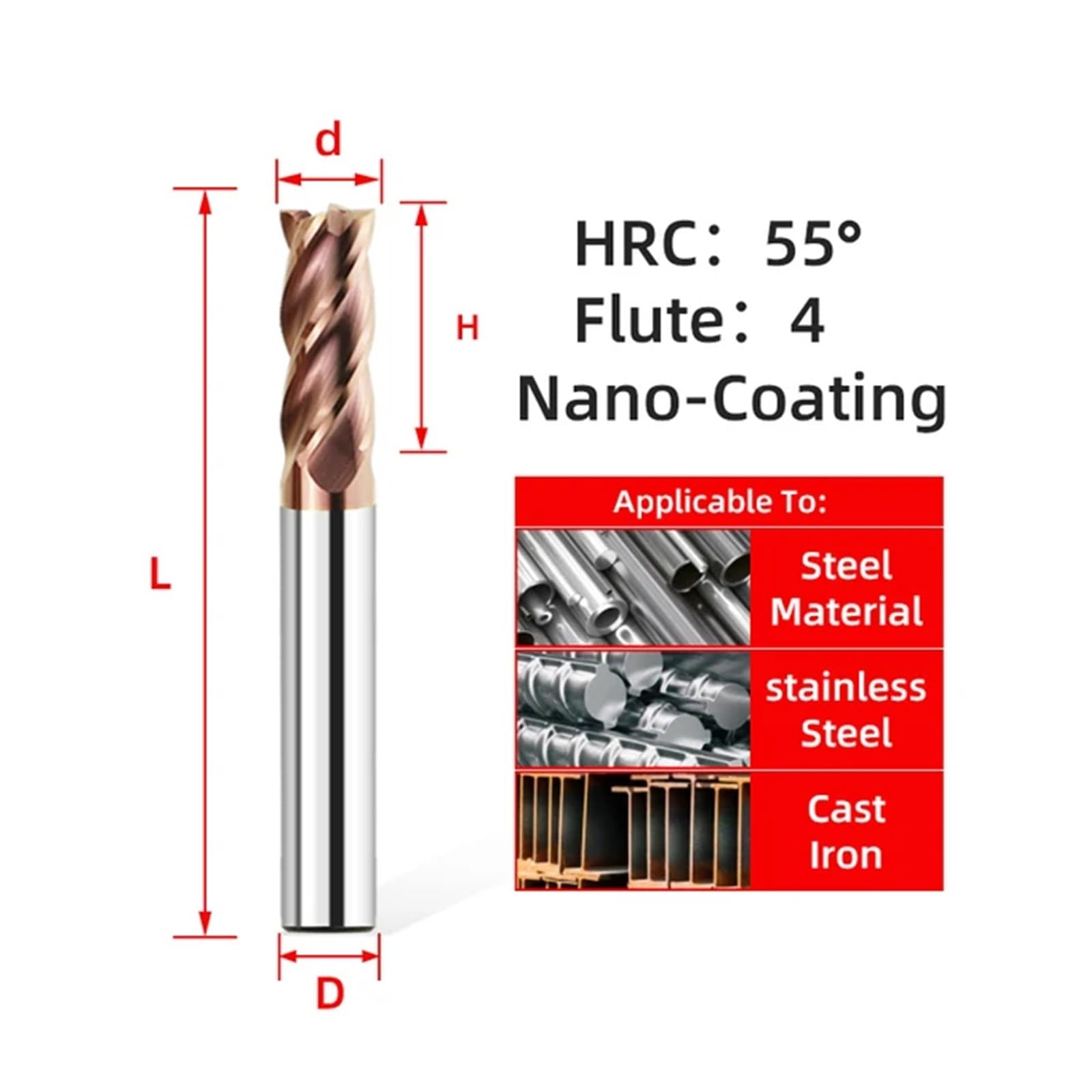 1/5/10 sztuk HRC55 frez CNC frez palcowy z węglików spiekanych 4 ostrza obrabiarki do metalu 3 5 6 8 Shank frezy ze stali wolframowej(1pc HRC55 4F,D12xD12x75L)