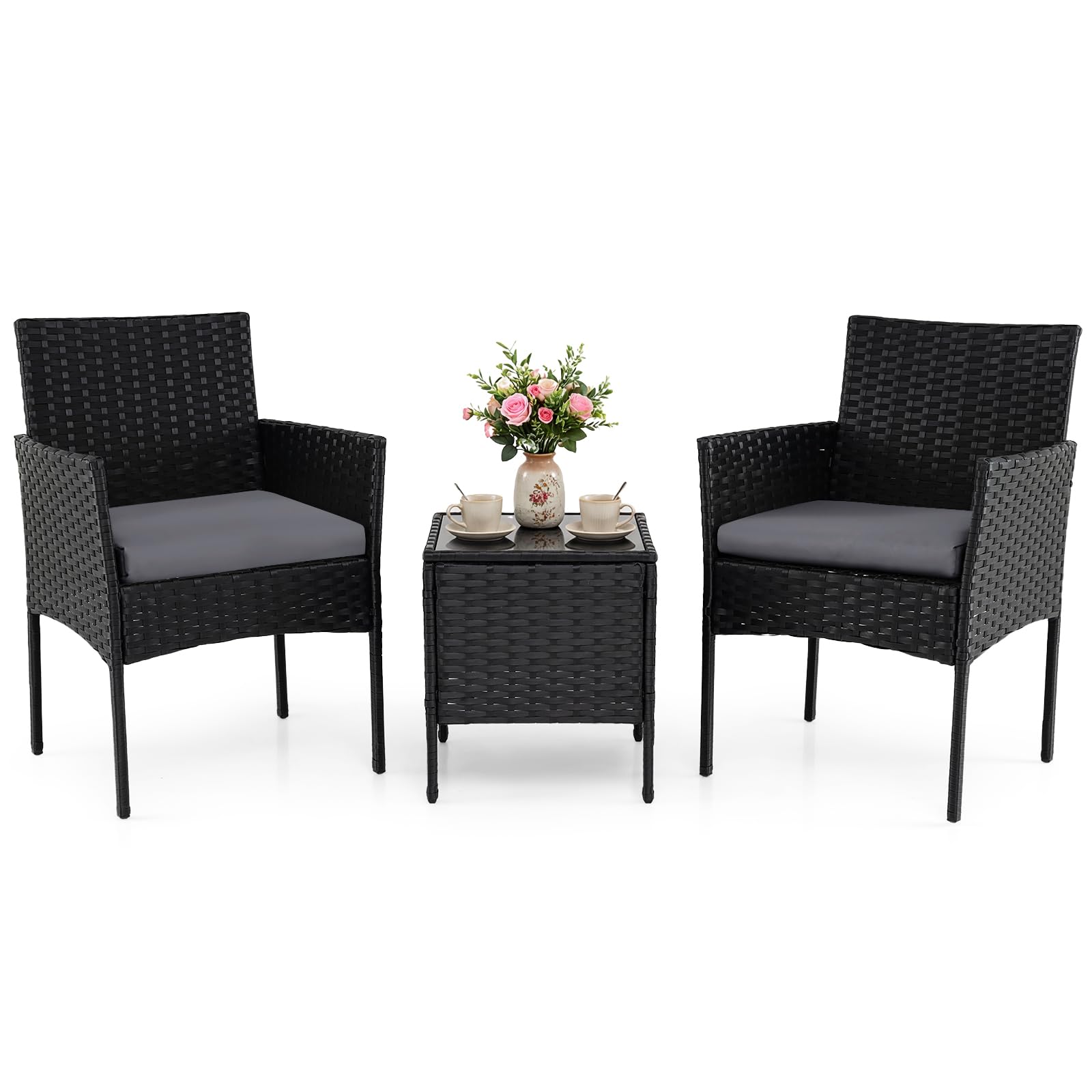 COSTWAY Set Salotto da Giardnio 3 Pezzi, Salotto da Esterno in Rattan con Tavolino in Vetro Temperato e 2 Poltrone con Cuscini Rimovibili, Set Mobili per Patio e Balcone (Grigio)