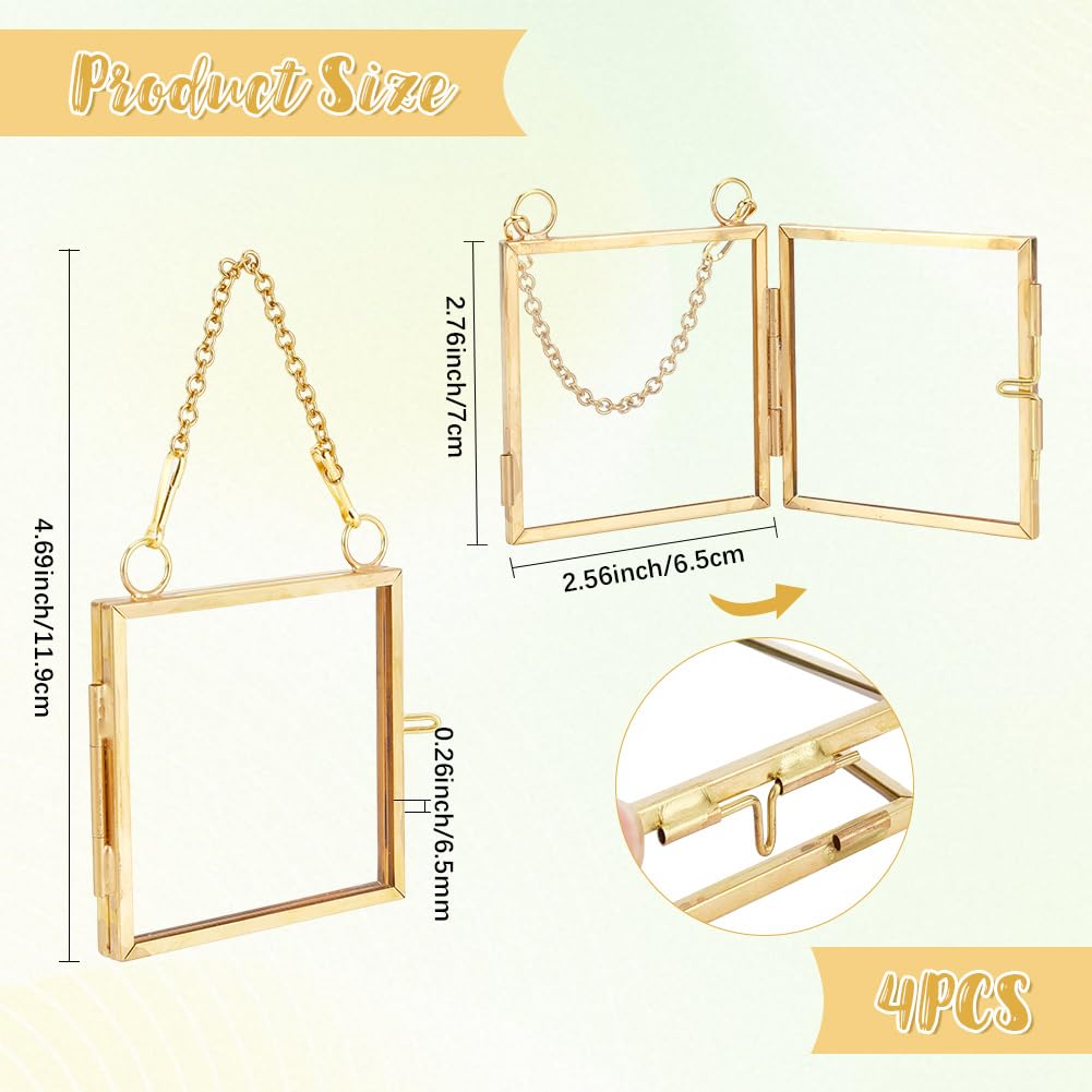 Marco de Fotos Colgante de Latón de 4 pulgadas con Flores Prensadas Minimarco Cuadrado Dorado de Doble Cristal Transparente Flotante con Cadena de Metal para Muestras de Plantas Decoración de
