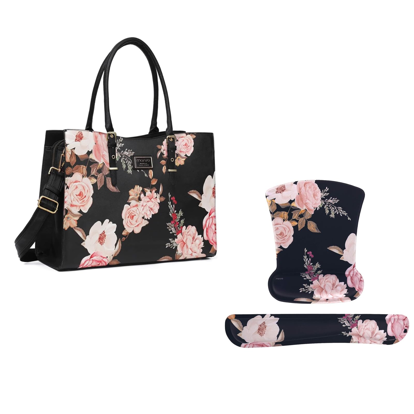 MOSISO Peony Wrist Rest Support for Mouse Pa &Keyboard Set&Laptop Tote Bag Compatible with MacBook, 17-17.3 inch Notebook and Chromebook, Peony PU Leather Briefcase with Adjustable PU Handle, Black