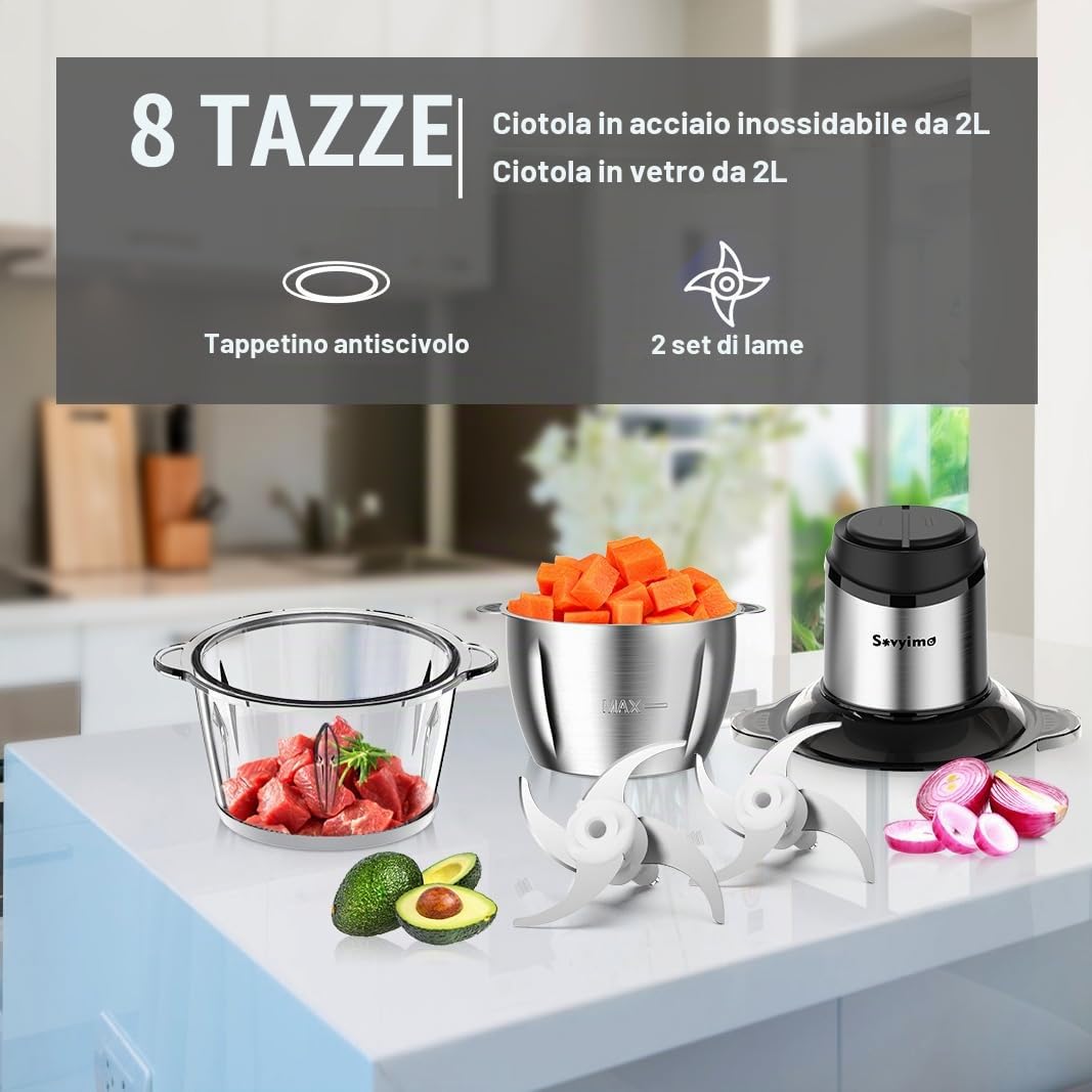 Sovyime Tritatutto da Cucina Elettrico, 2L+2L Frullatore Tritatutto Multifunzione,2×4 Lame Tritatutto Elettrico Mini Robot da Cucina, Mixer Cucina, Frullatore Piccolo per Frutta Verdura Carne Cipolle
