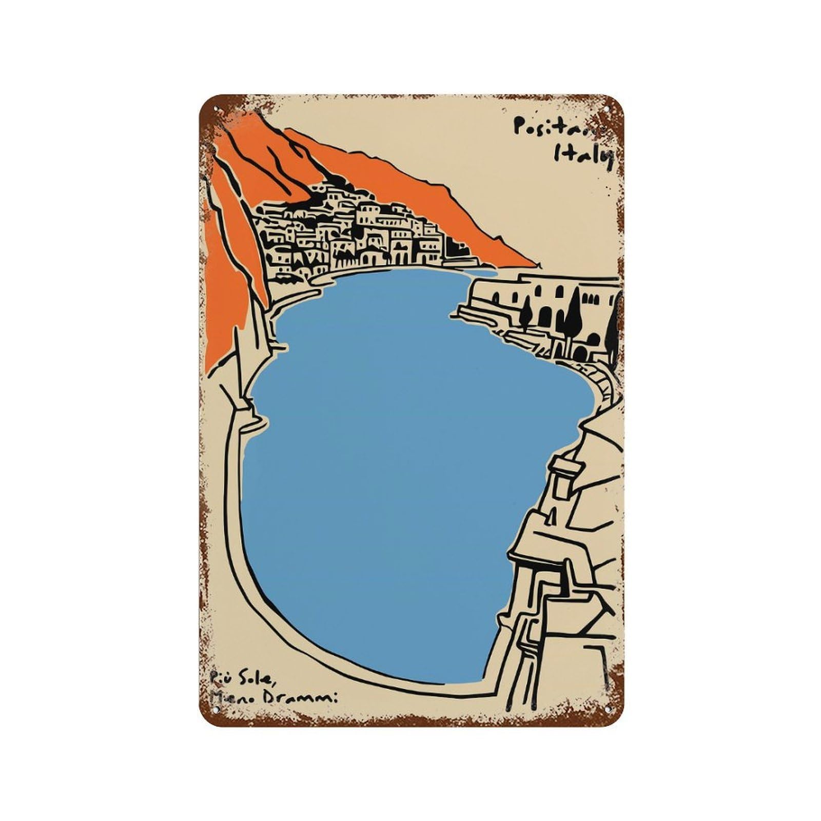 Garage Style Positano, Italy Illustration Rustic Tin Plaque 11.8"x7.9", Vintage Wall Decor for Bar And Workshop