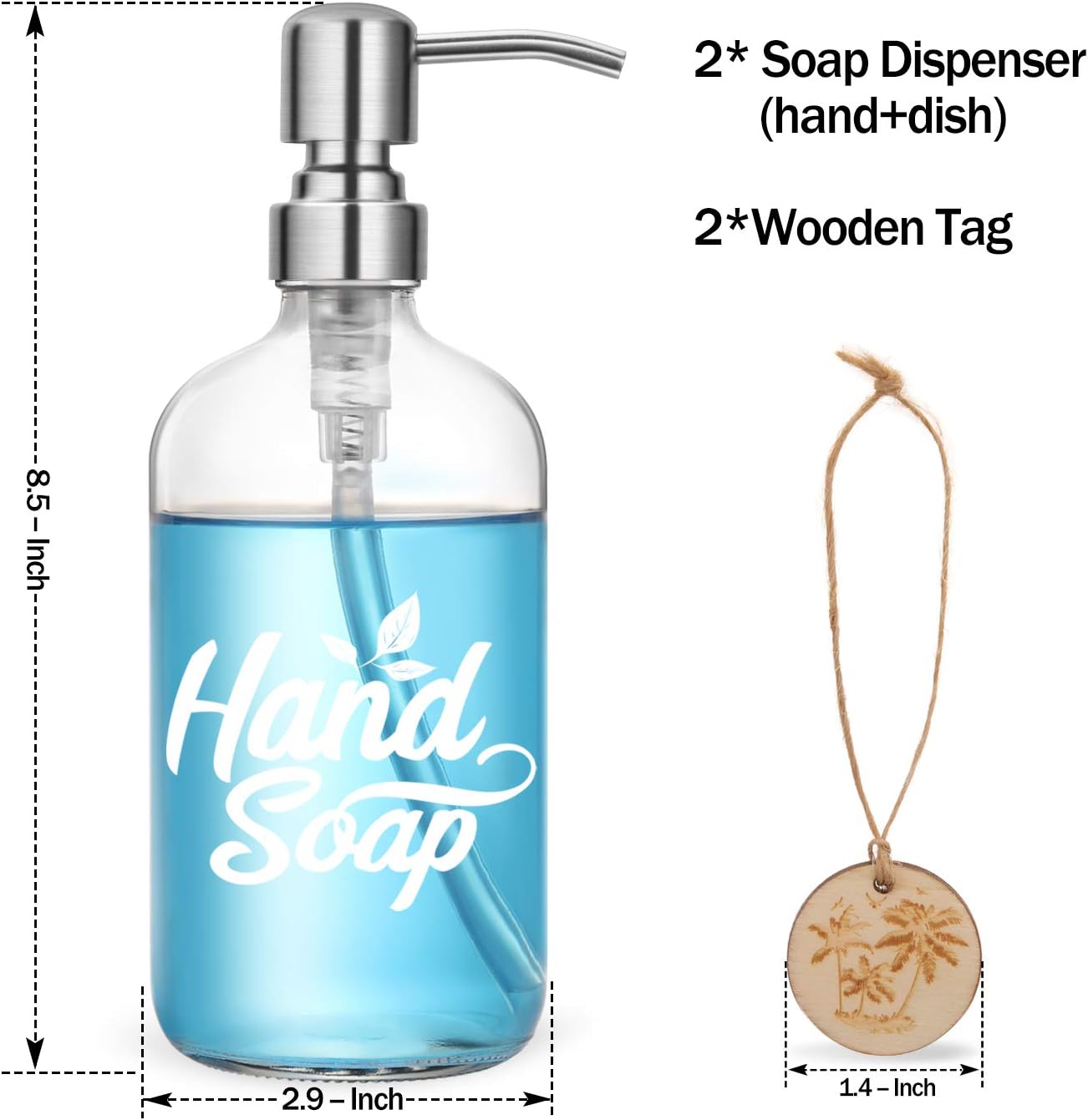 Dish and Hand Soap Dispenser Set - Glass Hand Soap + Dish Soap Dispenser for Kitchen, Bathroom - High Temperature Ceramic Ink Printing Never Falling Off - 16 oz Bottles with 304 Stainless Steel Pumps : Everything Else
