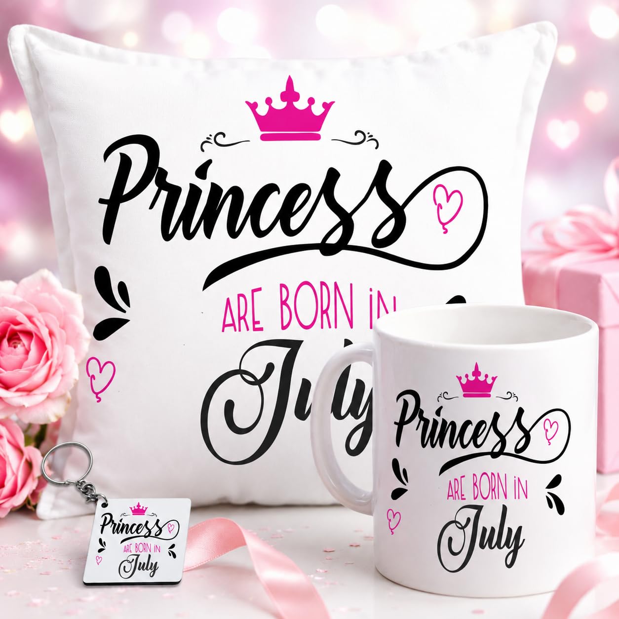 Princess are Born in July Gift Combo Set for Girls/Women | Cushion Cover 12x12 inch, Coffee Mug, Keychain, Cute Pink Crown Design, Birthday Gift-image-38
