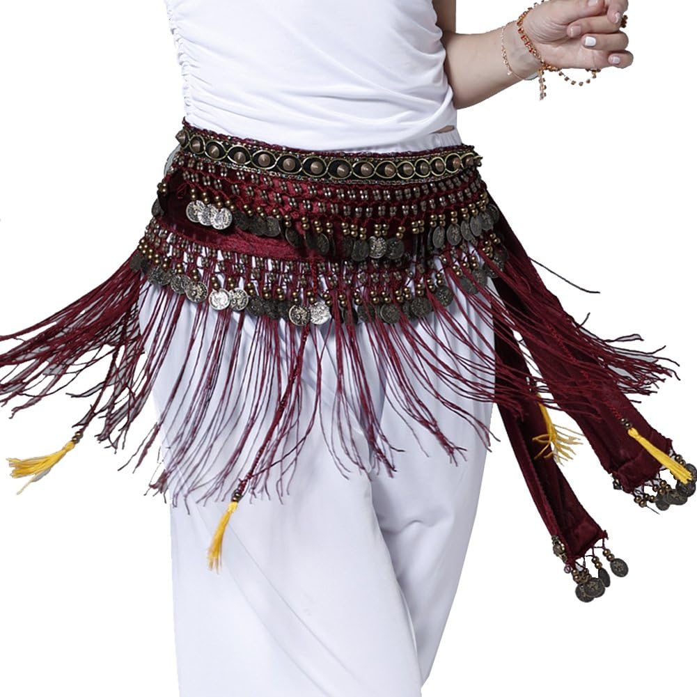 MUNAFIE Damen Samt Tribe Style Bauchtanz Hüfttuch mit Münzen Bauchtanz Kostüm Damen Bauchtanz Gürtel Fransen Rock