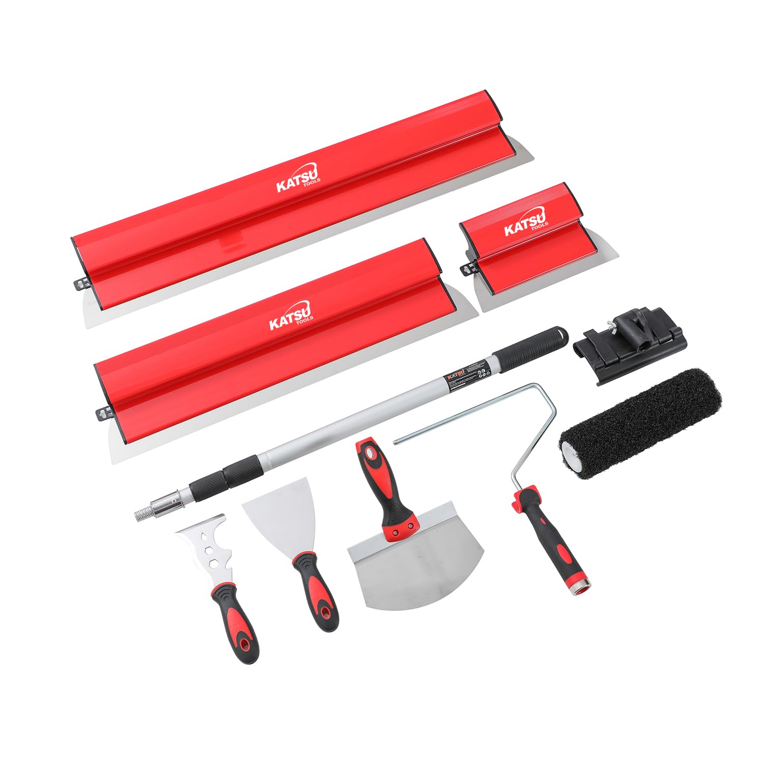 KATSU Tools Juego de 9 cuchillas de desnatado para paneles de yeso, cuchillas de 25/60/80 cm + poste de extensión de aluminio + rodillo de pintura + cuchillo de masilla + raspadores de papel pintado