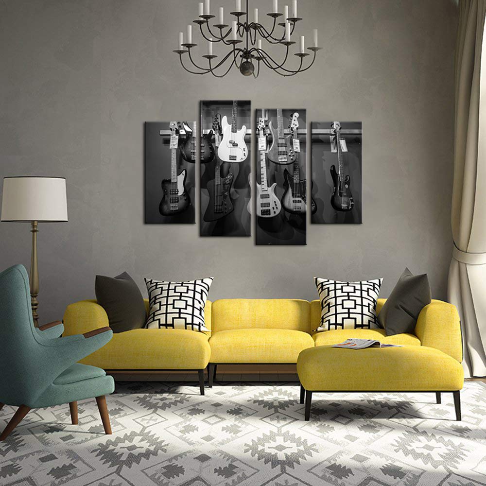 Artsbay Stampa su tela artistica da parete in bianco e nero per chitarra su tela moderna strumenti musicali poster per ufficio camera da letto ragazzo decorazione allungata pronta da appendere, grande