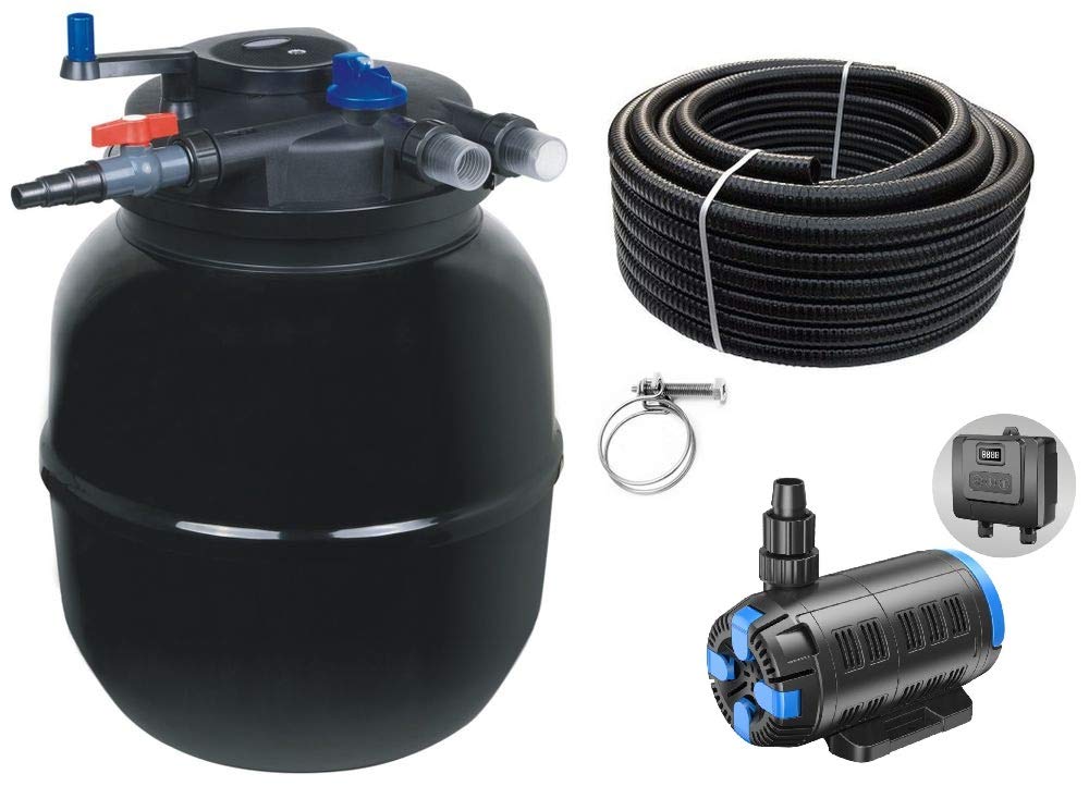 AquaOne Teichfilter Set mit Teichpumpe I Filteranlage CPF-50000 für einen Teich bis 80.000 Liter I Komplettset mit UV Lampe regelbare Eco Pumpe 37-180 Watt Teichschlauch Nr.55