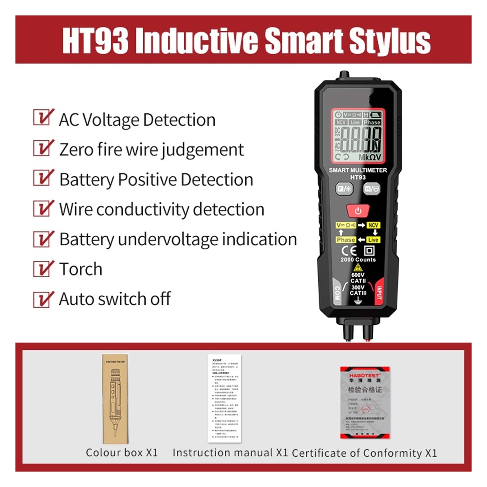 Tester di tensione CC Rilevatore Multimetro 2000 Display Penna elettrica senza contatto Doppia gamma Test filo sotto Ohm Misuratore NCV