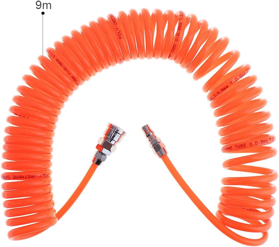 ChgImposs Polyurethane Recoil Air Hose, 30 Ft Long Air Compressor Hose with Bend Restrictor, 1/4" Industrial Universal Quick Coupler and Plug Orange