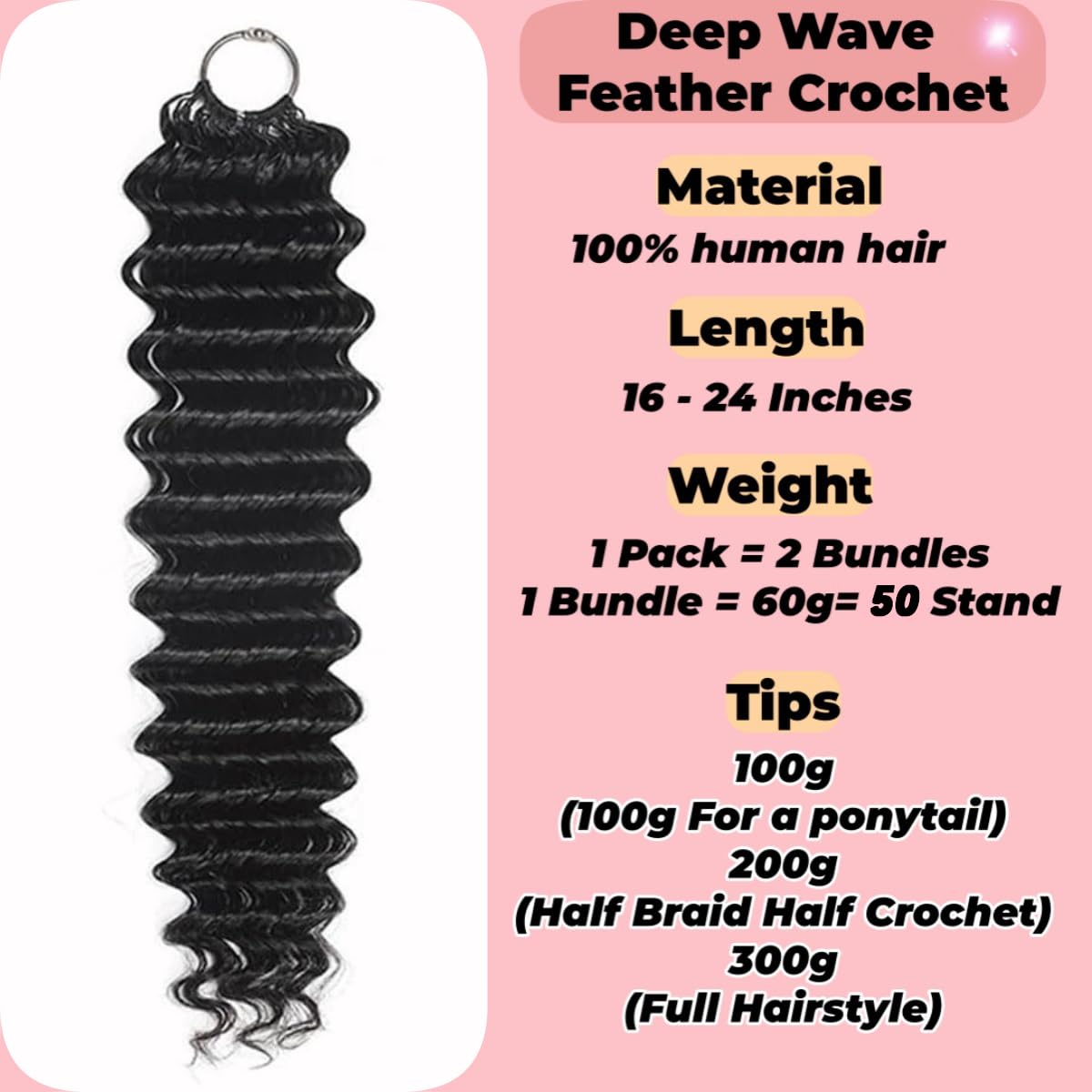 Feather Crochet Humano Hair Bundle Deep Wave Rizo Miracle Knots 18 Inch 60G