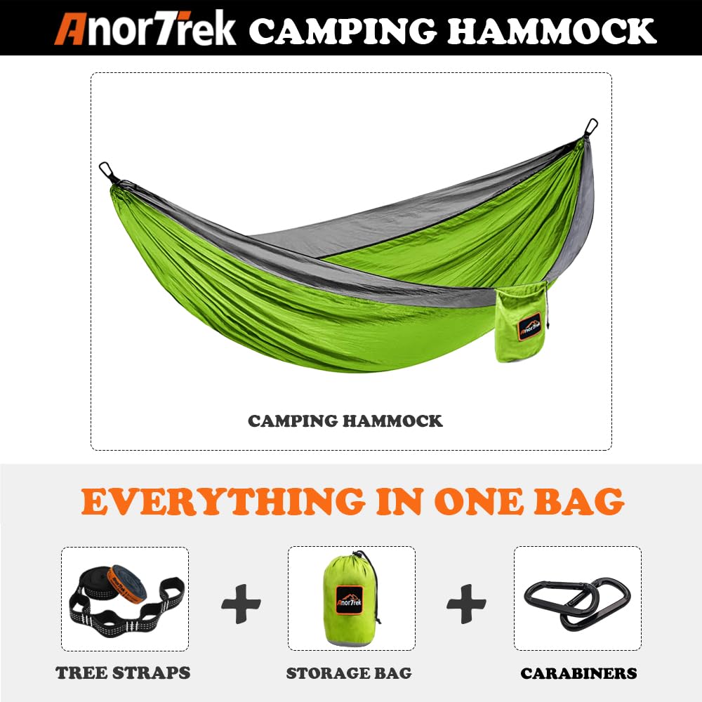 Anortrek Hamak outdoorowy dla 1 osoby, 280 x 140 cm, nośność 250 kg, ultralekkie akcesorium kempingowe z paskami na drzewo, oddychający nylonowy hamak podróżny do wędrówek i ogrodu