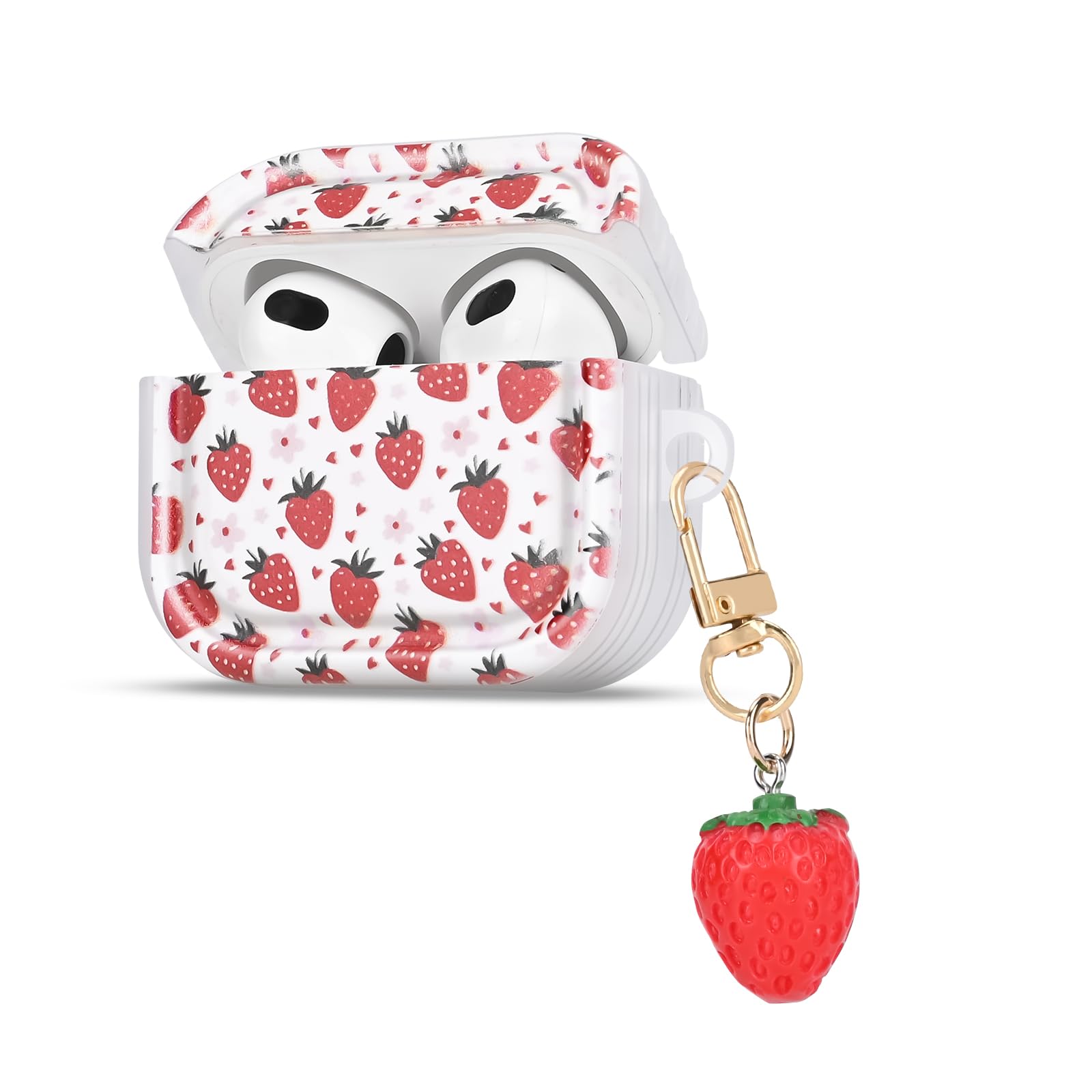 CameCosy for AirPods 3rd Generation Case with Lovely Keychain, Cute Strawberry Flowers Design for Women Girls Protective Shockproof Soft TPU Premium