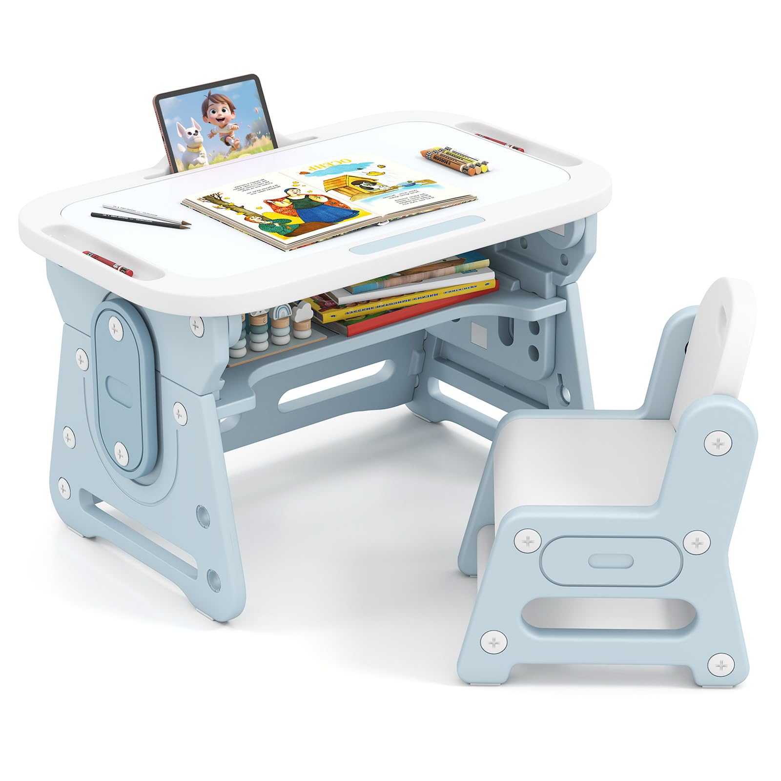 Brelley Kids Table and 4 Chairs Set, Height Adjustable Toddler Desk and Chair Set, Graffiti Desktop, Non-Slip Legs, Max 300lbs, Children Multi-Activity Table for Ages 2-8