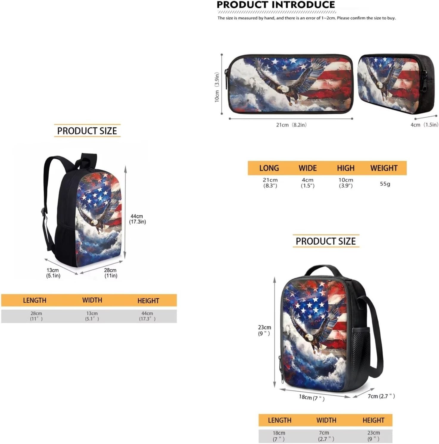 3PCS American Flag Eagle Printed Black Laptop Bookbags for Girls Boys, Student Computer Backpack Lunch Tote Bag Pen Case Organizer
