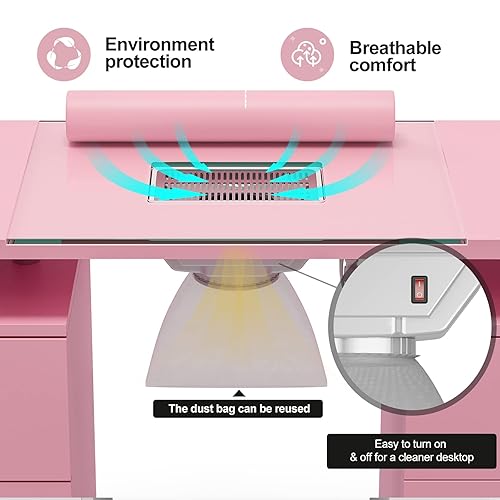 Miniatura 23 de Paddie Mesa de manicura, escritorio de maquillaje de uñas con parte superior de vidrio, estación de mesa para tecnología de uñas con ventilación