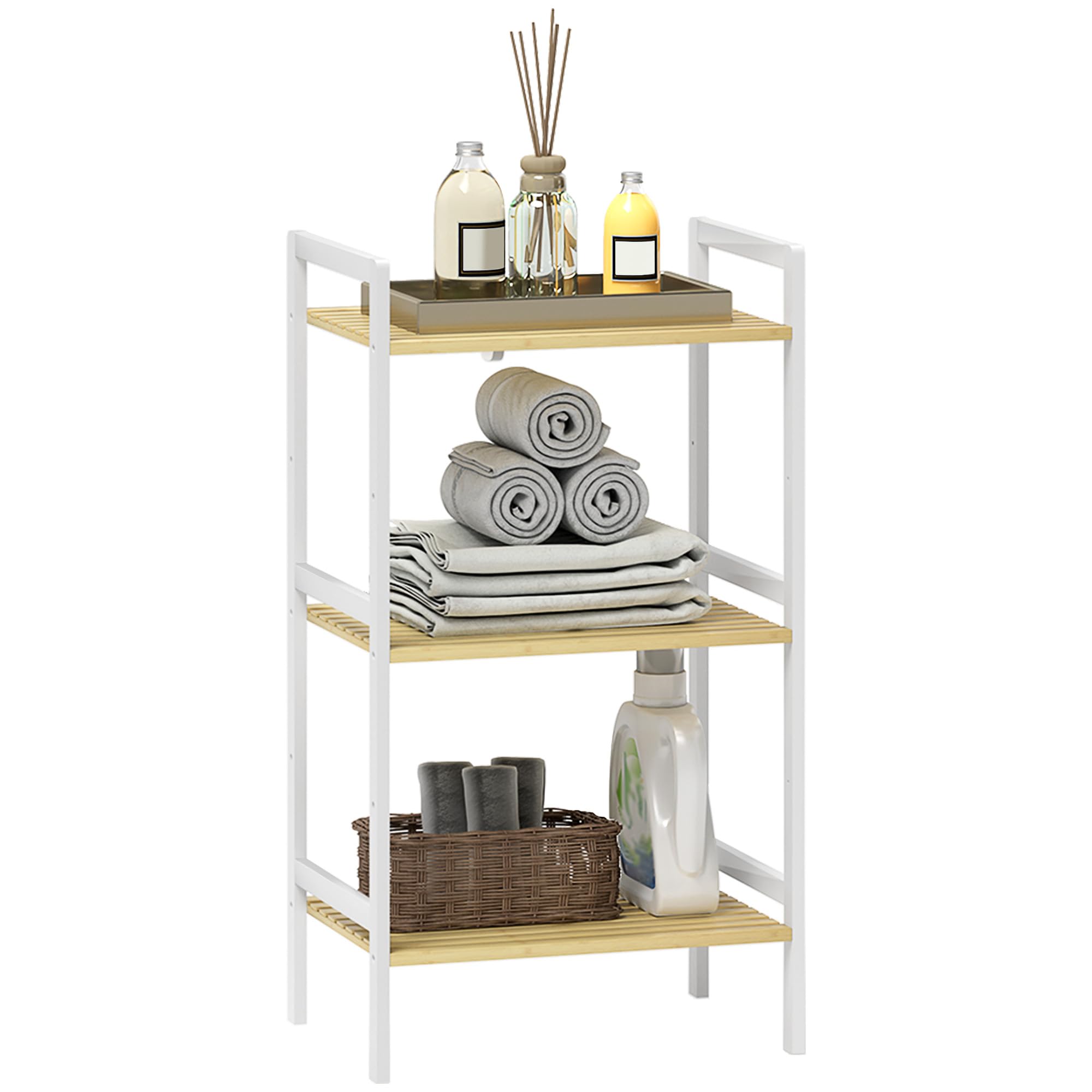 HOMCOM 3-Tier Bamboo Bathroom Storage Shelf, Freestanding Shelving Unit with Adjustable Rack for Kitchen Bathroom Living Room, Natural and White