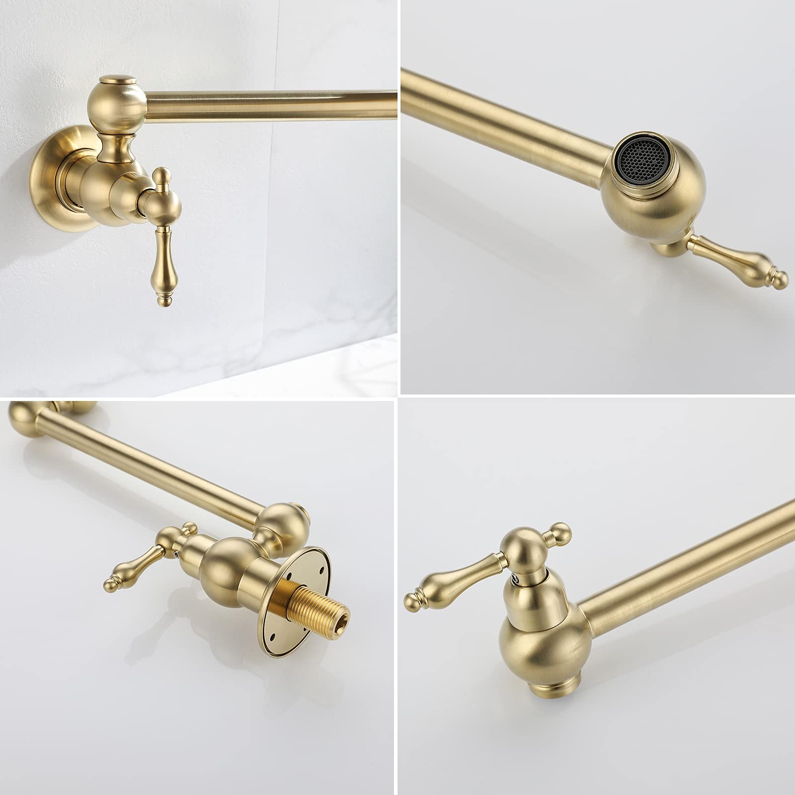 Rubinetto per Riempimento Pentole, Rubinetto da Cucina in Ottone A 2 Maniglie A Parete, Rubinetti Singolo Freddo Pieghevole con Rotazione A 360 °, con Bracci Oscillanti A Doppio Snodo,Brushed Gold