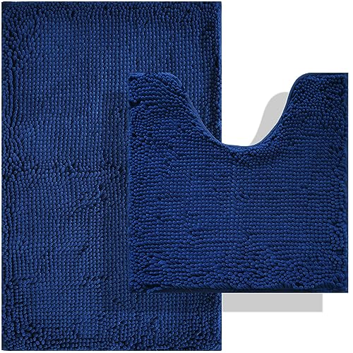 Image of BOANKODU Bathroom Rug Sets 2 Piece, Non-Slip Soft Chenille Bath Mat, 32x20 + 20x20 Inch U Shape, Machine Washable (Navy Blue)
