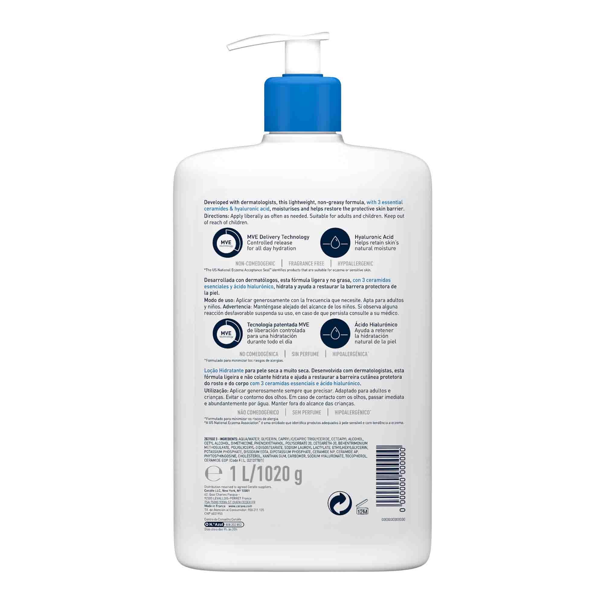 CeraVe Loción Hidratante, Piel Seca a muy Seca, Hidrata y Restaura la Barrera Protectora de la Piel, Enriquecida Con Ceramidas Esenciales y Ácido Hialurónico, Fórmula Ligera, Apta para Rostro y Cuerpo
