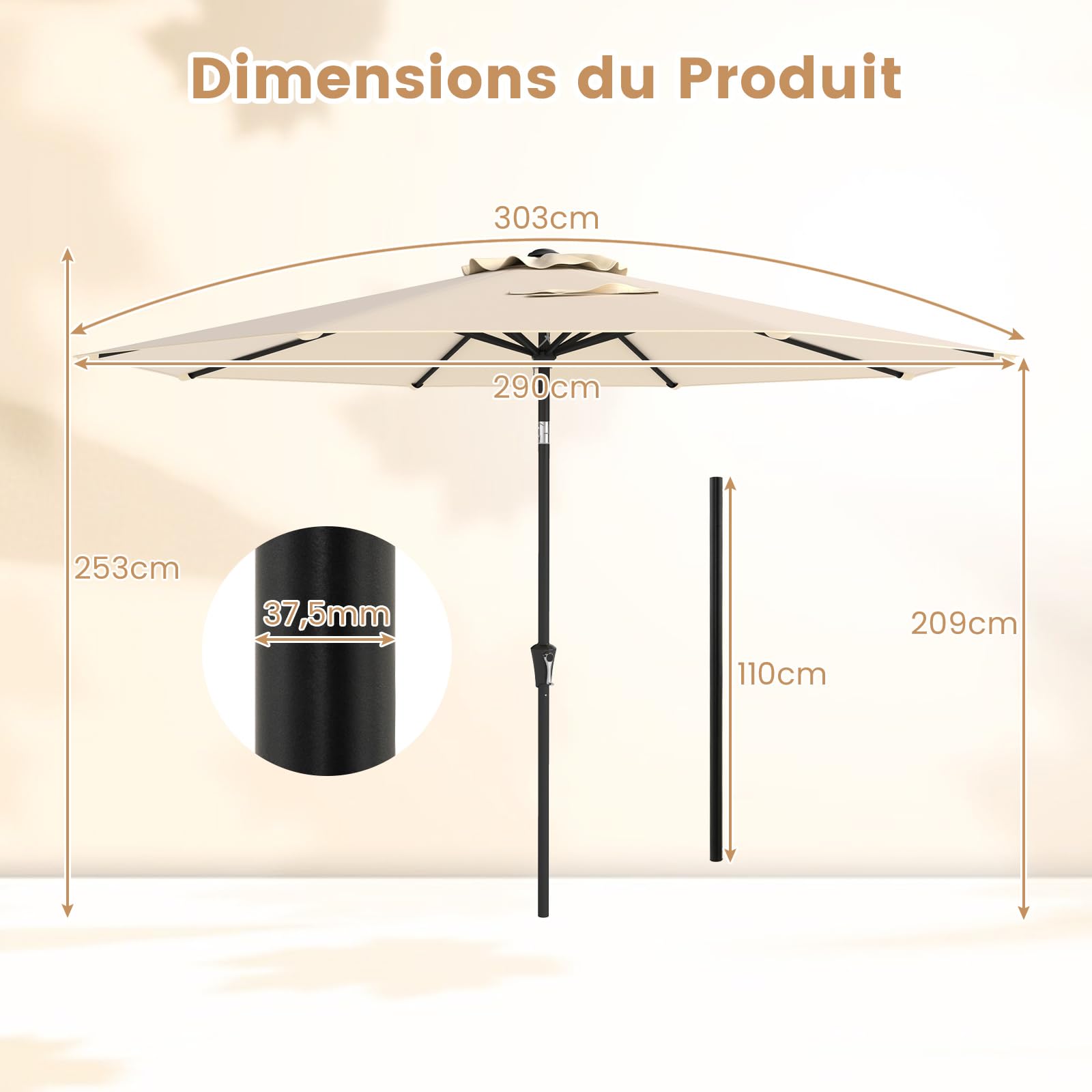 RELAX4LIFE Parasol Droit Inclinable 3M, Parasol de Jardin Extérieur 3M Rond, Inclinaison 25°, 8 Baleines, Manivelle, Polyester Résistant, Protection Solaire pour Balcon Terrasse (Beige)