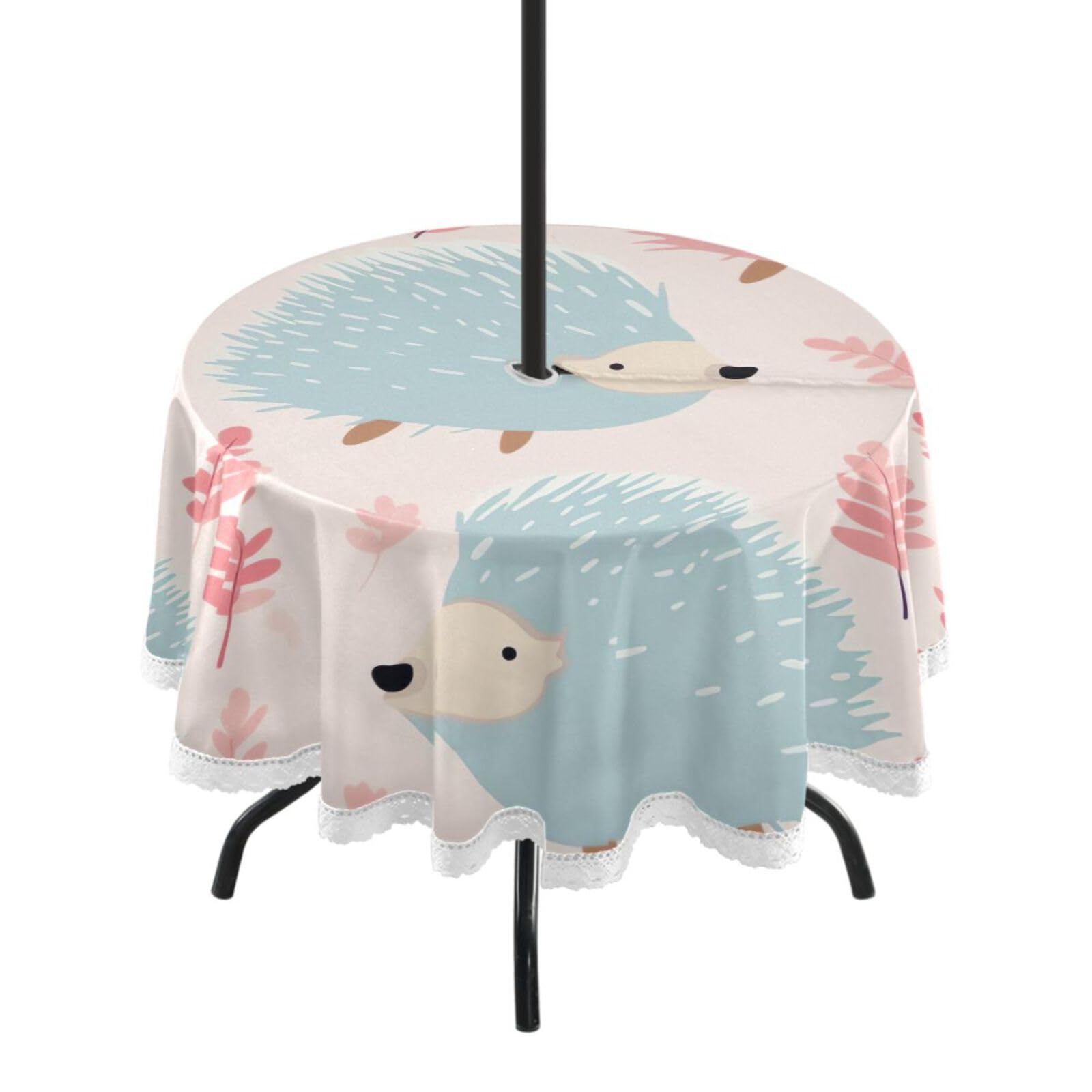 Wajiw 60 Inch Indoor Outdoor Round Tablecloth with Umbrella Hole and Zipper Waterproof Patio Table Cover for Camping Dining Room Party Outdoor Picnic,Hedgehogs