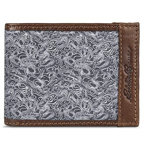 Eddie Bauer Men Pioneer Leather and Printed Cotton Canvas Bilfold Wallet (Assorted Graphics)