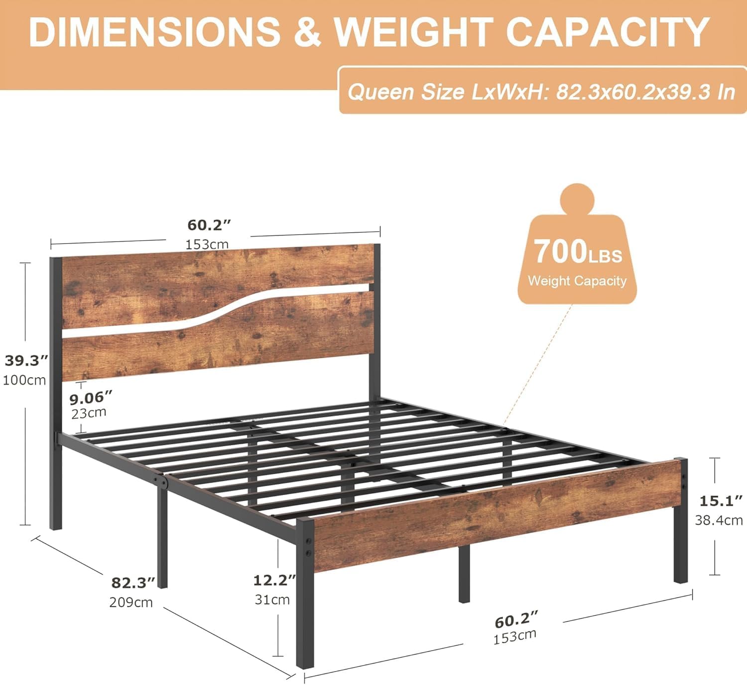 VECELO Queen Size Bed Frame - Heavy-Duty Metal Platform with Wood Headboard, No Box Spring Needed, Antique Brown
