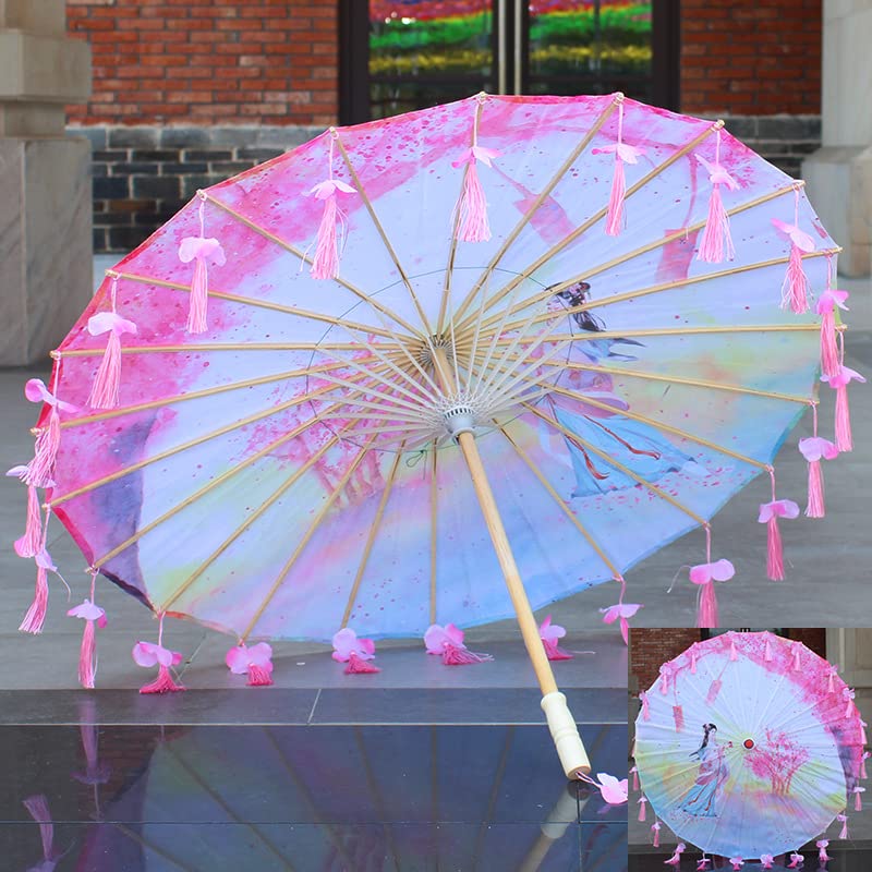 FLAIGO Parasol Asian Japanese Chinese Oil Paper Umbrella Decorative Wooden Handle Classical Colorful Painting Dancing Props for Wedding Fancy Dress Cosplay Photography Dancing (Style E)