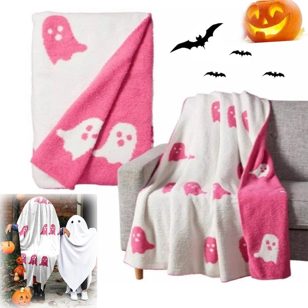 Pink Ghost Blanket, Pink Halloween Blanket, Pink and White