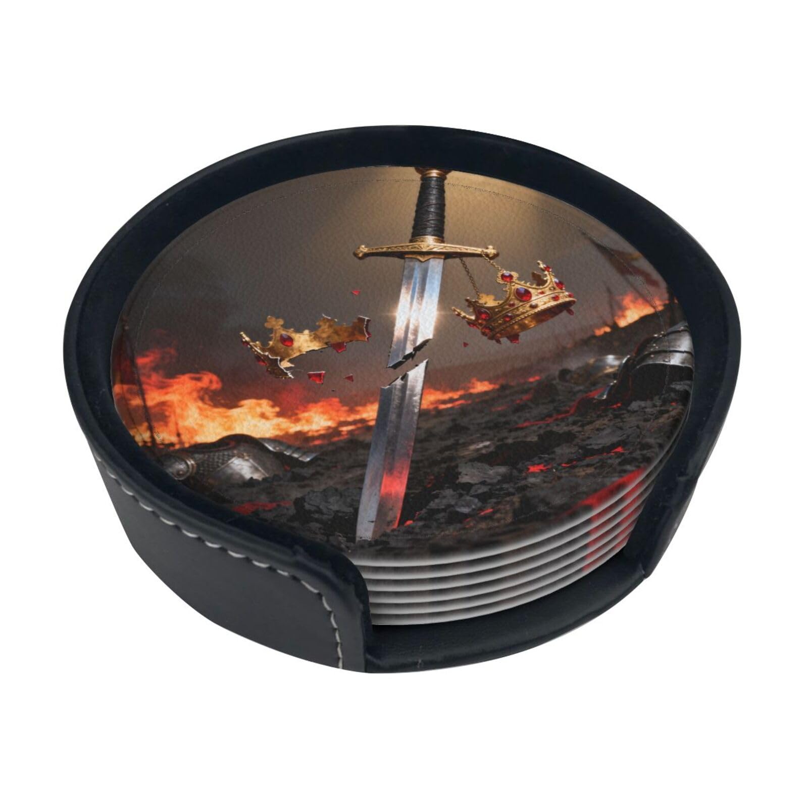 Broken Sword Crown Leather Coasters-Set of 6 with Storage Holder
