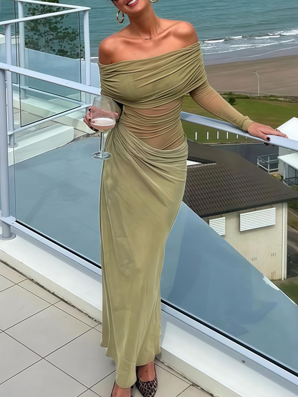 Robe Femme Sexy Maxi Robes Moulante à Manches Longues Élégante Épaule Dénudée Robe Longue en Maille Transparent Bodycon Plissé Robes de Soirée Cocktail Party Fête Club Nuit Bal Mariage