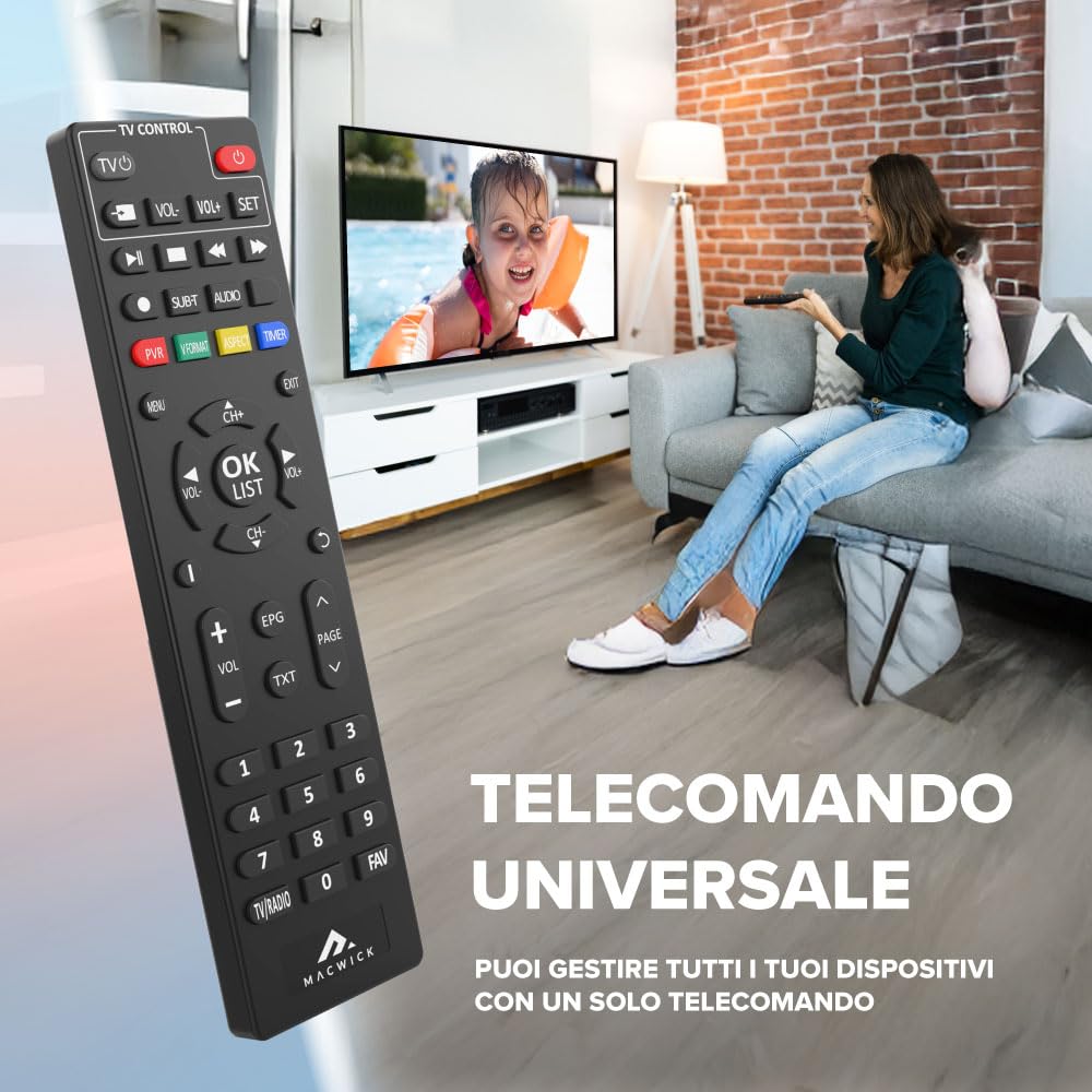 Macwick DVBT2 2024 TDT Mini Decodificador Digital Terrestre 1080P H265 HEVC HD Conexión HDMI y USB, Función PVR, Invisible Nano TV Stick, Control Remoto 2 en 1 Infrarrojo, Instalación Guiada
