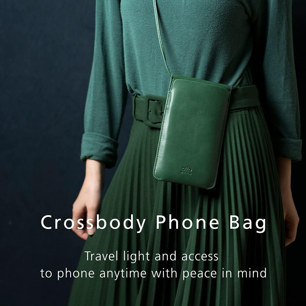 alto Leather Phone Purse Case, Italian Leather Crossbody Cellphone Bag with Card Holder, Pocket, Shoulder Strap, for Men and Women, fits iPhones and Android Phones up to 6.8 inches (Forest Green) - Image 4