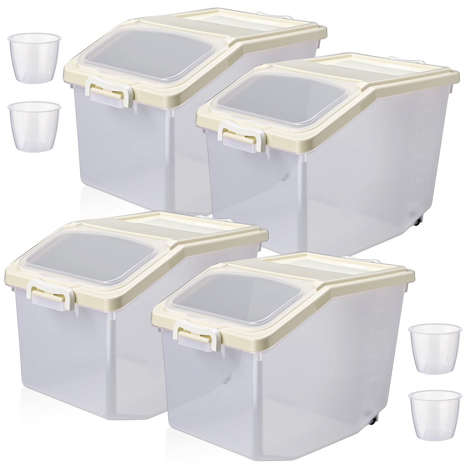 sunnyray 4 pcs rice storage container 27.6 lb airtight flour container with wheels and lids measuring cup clear pet food dog birds cat food bin grain cereal organizer box (cream)
