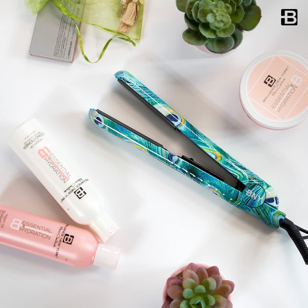 Brilliance New York - 1.25" Smooth Pro Ceramic Iron, Straightens & Curls w/Adjust. Temp, Features Negative Ions & FIR Technology, Dual Voltage, Peacock