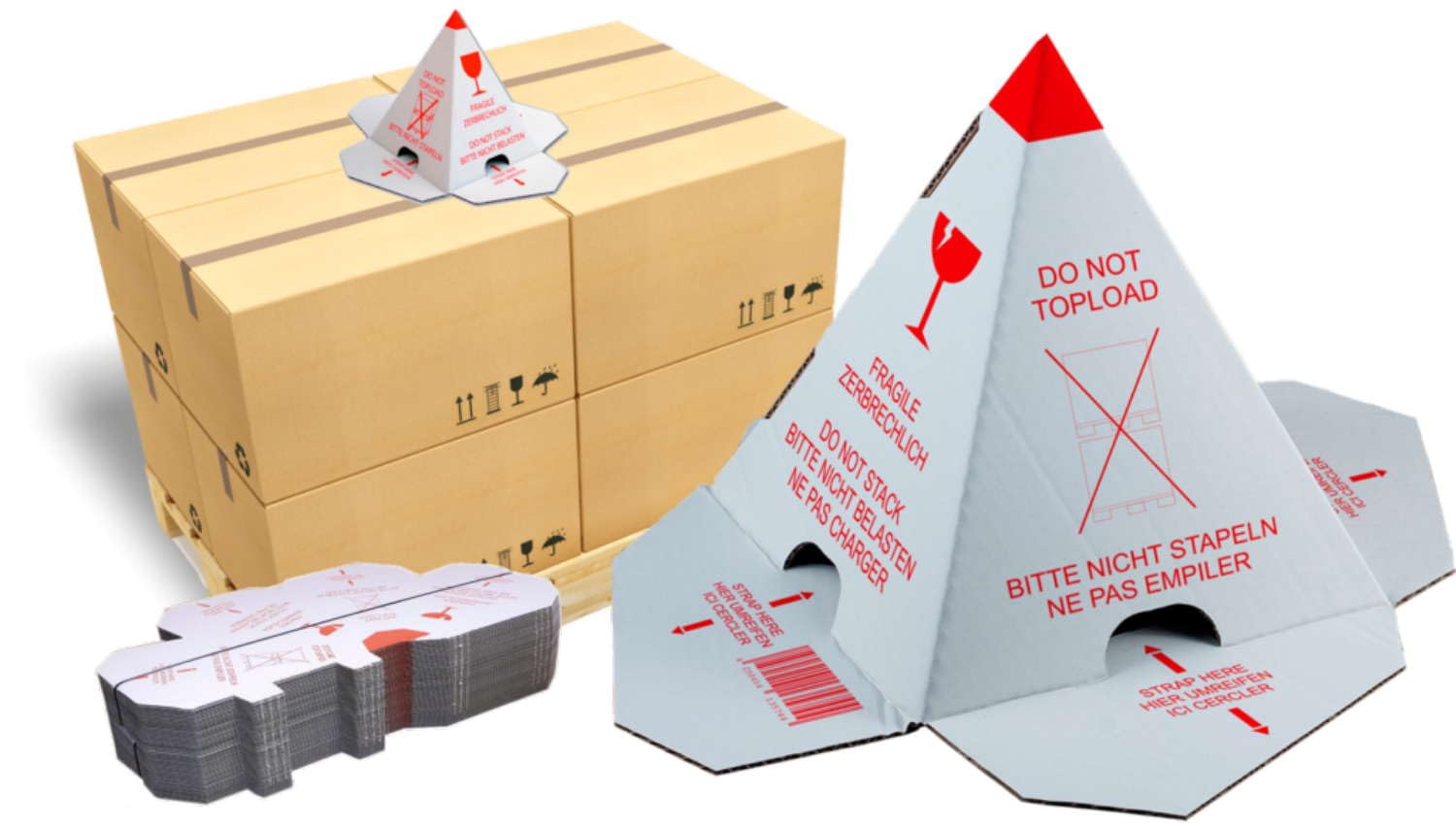 'palé hütchen/apilables – Pirámide "No apilar, 200 unidades con autocierre erschluß, cartón color blanco con impresión roja, eficaz apilables Protección